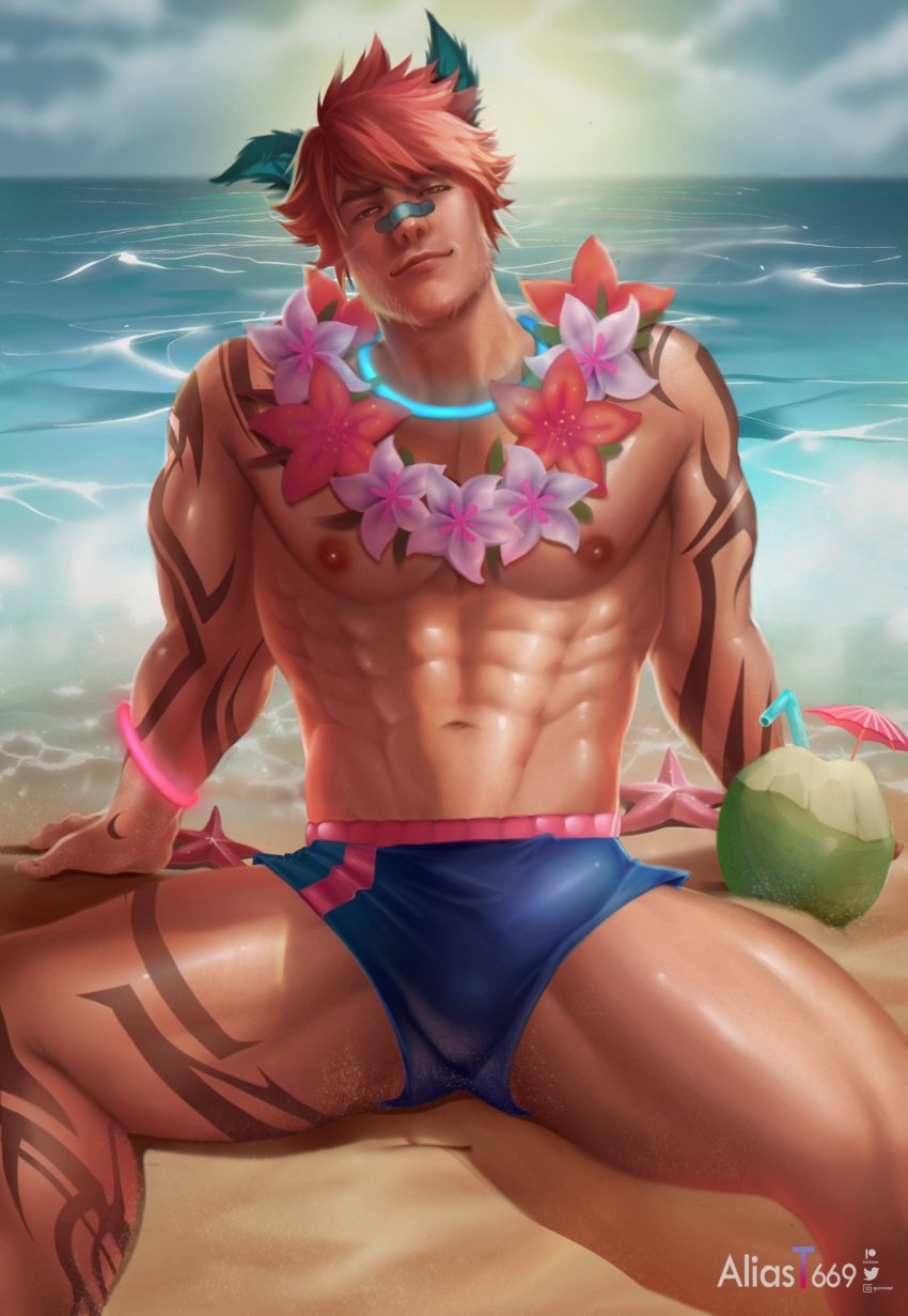 1boy aliast669 bulge cocky league_of_legends looking_at_viewer male male_only muscular pool_party_series pool_party_sett sett smile smiling_at_viewer smirk smirking_at_viewer smug solo solo_male swimwear tagme tight_clothing