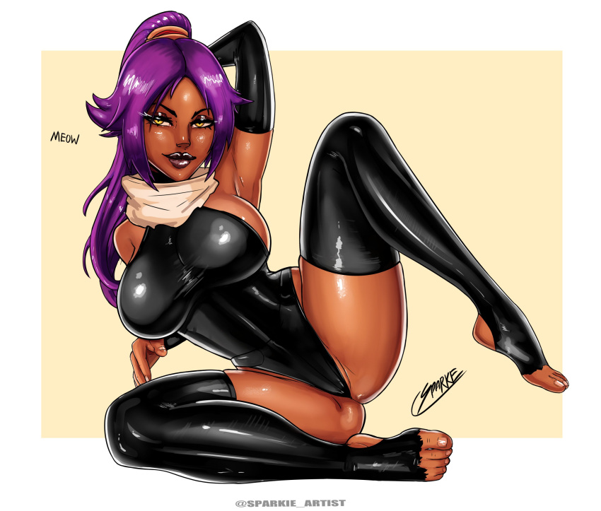 1girls athletic athletic_female bleach busty dark-skinned_female dark_skin female female_focus female_only hourglass_figure jpeg latex latex_clothing pinup pinup_pose purple_hair solo sparkietheartist tagme toned toned_female wide_hips yoruichi_shihouin