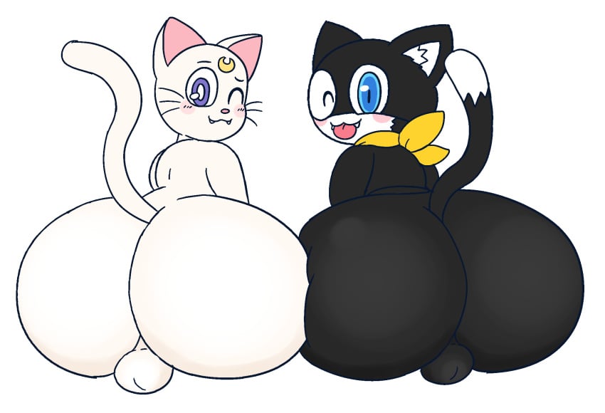 2023 2boys alternate_version_available anthro anthro_only artemis_(sailor_moon) atlus big_ass big_butt bishoujo_senshi_sailor_moon black_fur blue_eyes blush crossover cute domestic_cat drawful-s felid feline femboy femboy_focus furry furry_only huge_ass huge_butt looking_at_viewer looking_back male male/male male_focus male_only morgana_(persona) persona purple_eyes sitting sitting_down slight_blush sticking_out_tongue white_fur winking winking_at_viewer