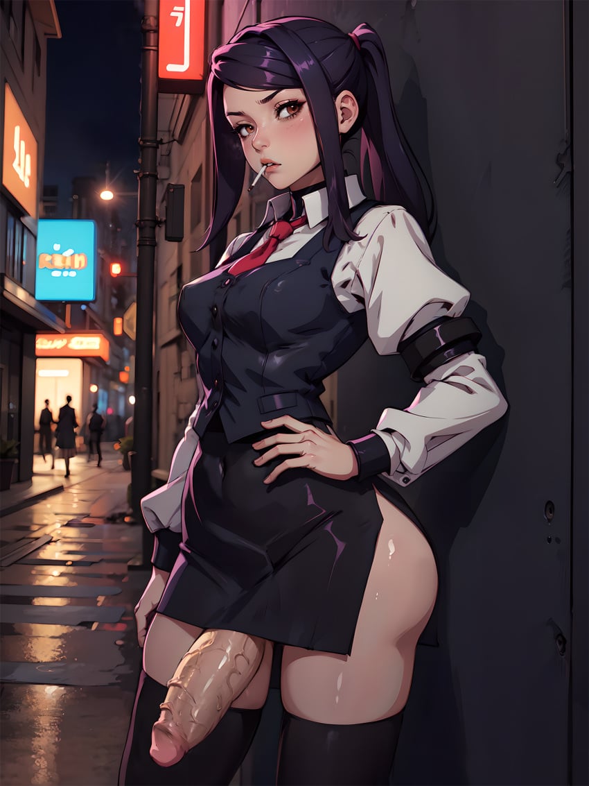 1futa ai_generated bartender brown_eyes cigarette collared_shirt dickgirl futa_only futanari hand_on_hip julianne_stingray medium_breasts miniskirt navel_visible_through_clothes penis smoking solo solo_futa stable_diffusion thick_thighs thighhighs va-11_hall-a veritai vest violet_hair waitress