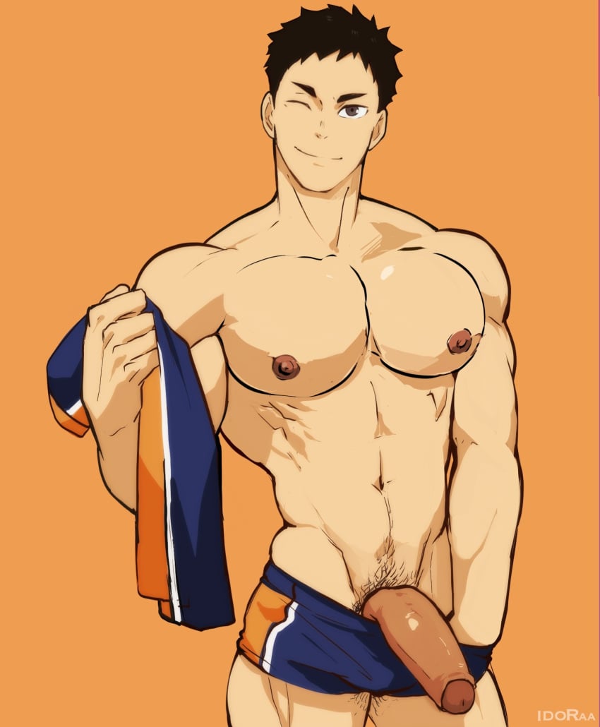 1boy artist_name bara beefy black_hair brown_eyes closed_mouth clothing_aside collarbone cowboy_shot foreskin haikyuu!! highres holding holding_clothes holding_shirt idoraad lad large_pectorals lilprincyvi looking_at_viewer male male_focus male_only male_pubic_hair manly multicolored_clothes multicolored_shirt multicolored_shorts muscular muscular_male navel nipples one_eye_closed orange_background pectorals penis penis_out pubic_hair sawamura_daichi shirt shorts shorts_aside simple_background smile solo solo_male sportswear topless_male volleyball_uniform