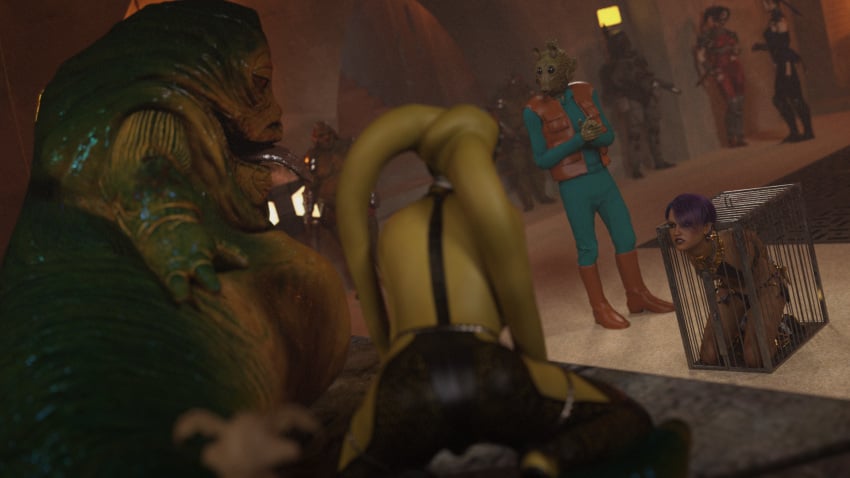 3d 4girls alexbridger angry_face background_characters boba_fett dancer dancer_outfit femsub gamorrean greedo green_skin harem harem_girl harem_outfit jabba&#039;s_palace jabba_the_hutt mandalorian oola purple_hair rodian sabine_wren salacious_crumb short_hair slave slave_collar slave_outfit slavegirl star_wars submissive_female twi&#039;lek