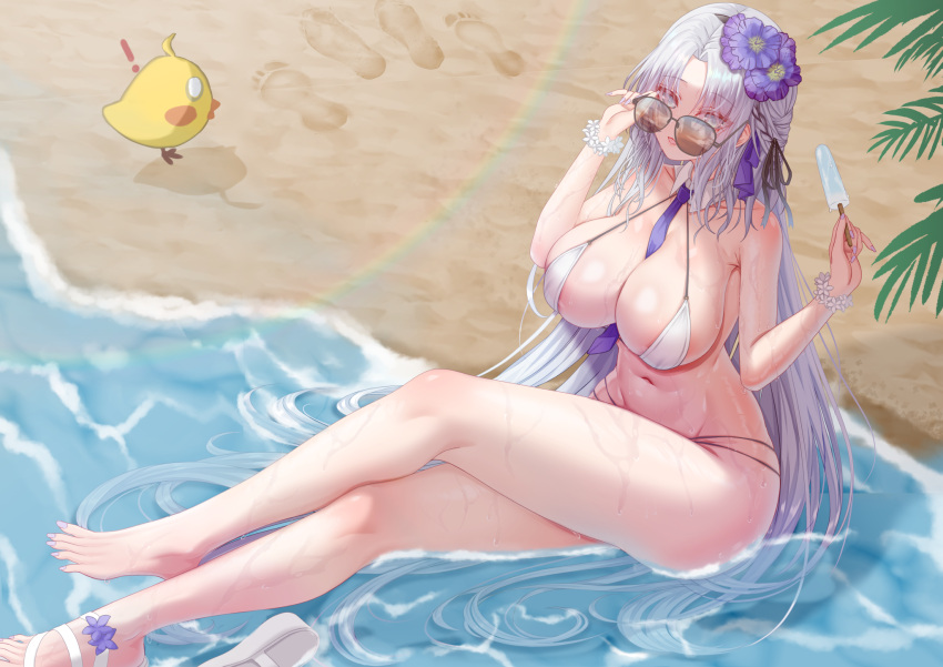 1animal 1girls alsace_(azur_lane) alsace_(heat-beating_summer_sacrament)_(azur_lane) aviator_sunglasses azur_lane barefoot beach between_breasts bikini blue_eyes blue_hair blue_necktie breasts crossed_legs day detached_collar female flower food full_body hair_flower hair_ornament highres holding holding_food holding_popsicle huge_breasts iris_libre_(azur_lane) light-skinned_female light_skin long_hair looking_at_viewer looking_over_eyewear manjuu_(azur_lane) multi-strapped_bikini_bottom navel necktie necktie_between_breasts official_alternate_costume orange-tinted_eyewear outdoors palm_leaf parted_hair popsicle purple_flower sand sitting soles summer sunglasses swimsuit tinted_eyewear very_long_hair water white_bikini zackura_saku