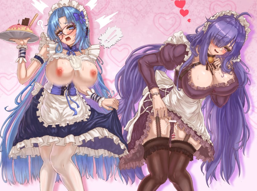 2girls alsace_(azur_lane) alternate_costume apron azur_lane back_bow bar_censor bespectacled black-framed_eyewear black_choker blue_dress blue_eyes blue_hair blush bouncing_breasts bow breasts brown_thighhighs censored chinese_commentary chocolate choker commentary_request dress enmaided eyes_visible_through_hair food_request frilled_apron frilled_dress frilled_thighhighs frills glasses hair_over_one_eye hanging_breasts heart heart_background highres holding holding_plate huge_breasts iris_libre_(azur_lane) juliet_sleeves large_breasts leaning_forward light-skinned_female light_skin long_hair long_sleeves looking_at_viewer maid maid_apron maid_headdress mogador_(azur_lane) motion_blur multiple_girls nipples pantyhose plate puffy_sleeves purple_dress purple_eyes purple_hair pussy_juice rectangular_eyewear sleeveless sleeveless_dress spoken_heart thighhighs very_long_hair vichya_dominion_(azur_lane) white_apron white_bow white_pantyhose xudngdey1_(zǔgu&oacute;_de_xī_l&aacute;nhuā)