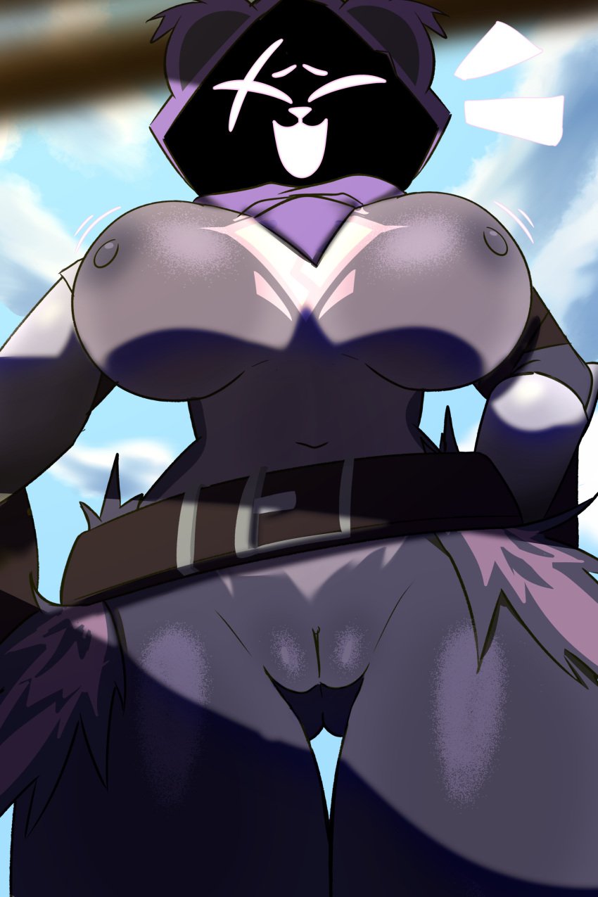 2024 absurd_res anthro areola bear big_areola big_breasts big_nipples bottomless breasts clothed clothing epic_games female fortnite genitals hi_res lawgx mammal navel nipples open_mouth open_smile purple_body pussy raven_team_leader smile solo