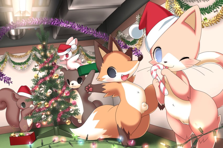 anthro balls bear black_eyes blue_eyes candy candy_cane canine casual_nudity christmas christmas_tree cute feline fluffy fluffy_tail food fox group happy hat holidays konzaburou lagomorph lights long_ears long_tail mammal nude ornaments party penis pussy rabbit red_eyes rodent santa_hat squirrel tree