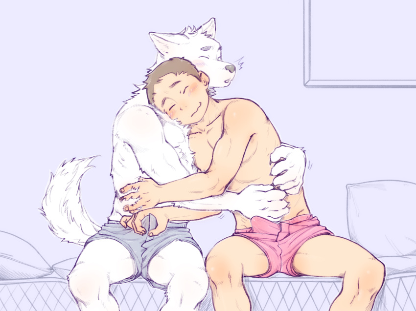 2boys bed bulge crotch erection erection_under_clothes furry gay groping hugging interspecies male male_only multiple_boys penis_grab sitting smile topless torte_(triggerhappy) underwear yaoi