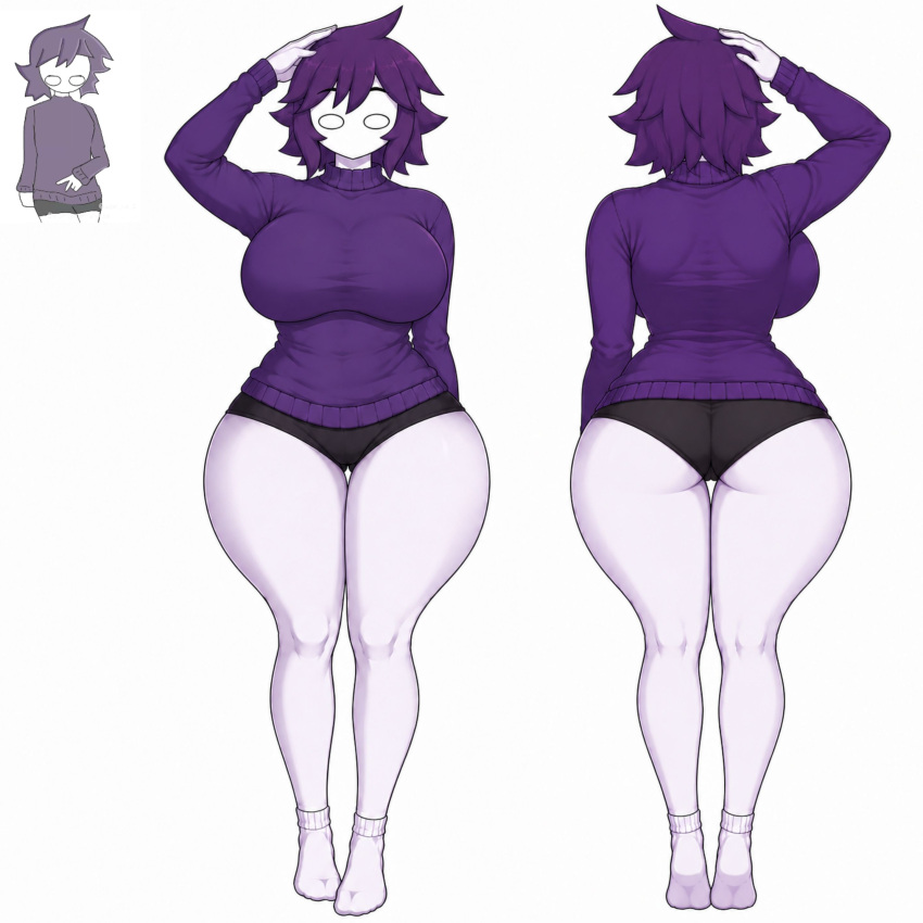 1girls ass big_ass big_breasts big_butt black_panties black_shirt breasts butt confused confused_expression confused_look confusion girl girls_only hand_in_hair no_mouth oc original original_character purple_hair purple_sweater reference reference_image same_character semi-nude sexy sexy_body sexy_female sexy_pose white_body white_eyes white_skin white_stockings