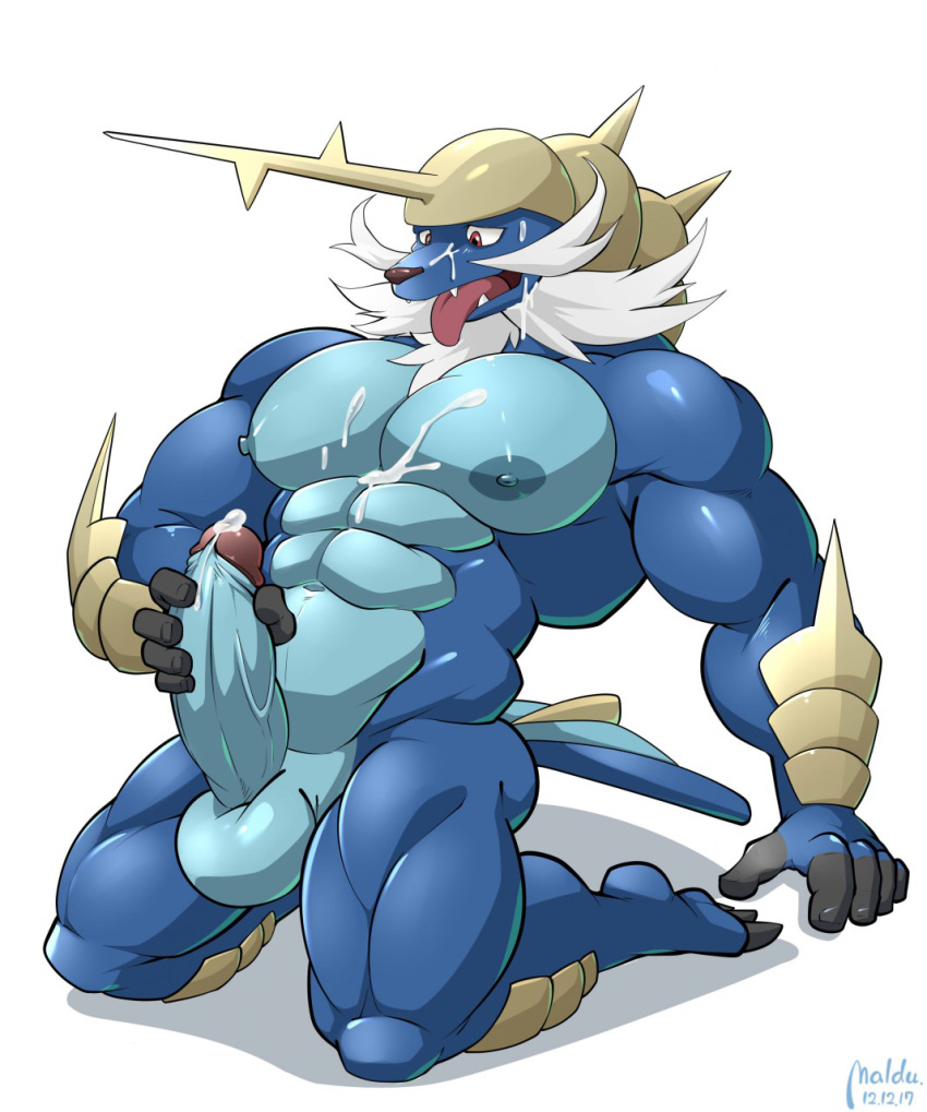 2017 anthro anthrofied balls big_muscles clothed clothing cum erection humanoid_penis maldu male male_only mammal muscular muscular_male nintendo nipples nude open_mouth pecs penis pokémon_(species) pokemon pokemon_(species) pokemorph samurott simple_background solo tongue topless video_games