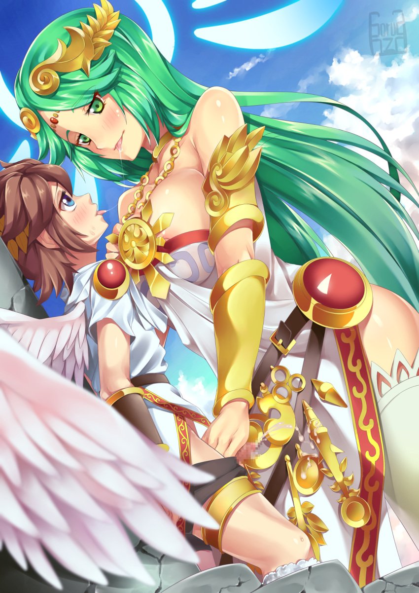 1boy after_kiss against_pillar age_difference angel_wings arms bare_shoulders belt blue_eyes blurry bracer breasts brown_hair cloud cum cum_on_clothes depth_of_field dress dutch_angle ejaculation erection eye_contact female gorudazo green_eyes green_hair handjob headpiece highres jewelry kid_icarus kid_icarus_uprising large_breasts long_hair looking_at_another neck neck_ring nintendo nipple_slip nipples outdoors palutena pendant penis pillar pit pit_(kid_icarus) saliva saliva_trail short_hair shorts shorts_down small_penis small_penis_adoration standing straight strapless strapless_dress tongue white_dress white_legwear wings