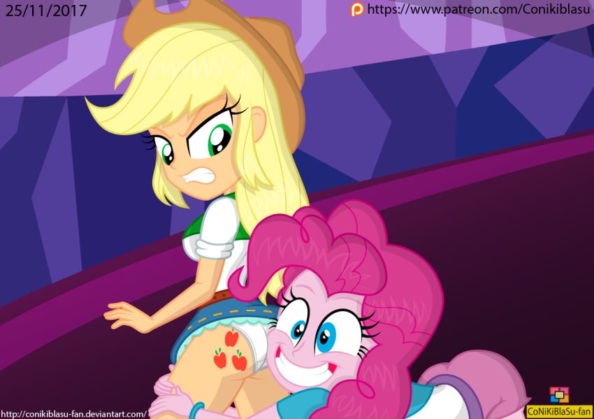 2girls applejack_(mlp) ass ass_grab conikiblasu conikiblasu-fan cutie_mark equestria_girls female friendship_is_magic hair_on_head multiple_girls my_little_pony panties pinkie_pie_(mlp) skirt_lift straight_hair upskirt white_panties