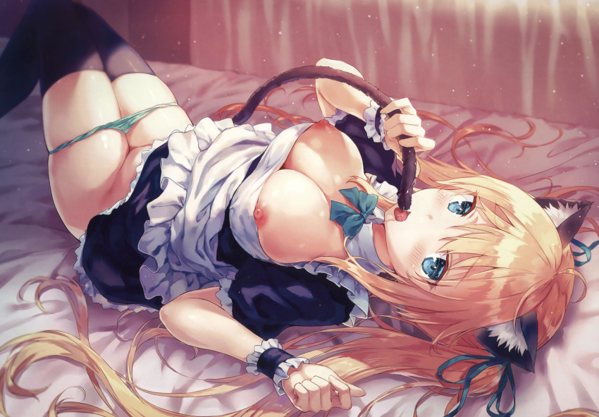 absurdres ahoge animal_ears apron aqua_ribbon bangs bed_sheet black_legwear blonde_hair blue_eyes blurry blush breasts cat_ears cat_tail depth_of_field eyebrows_visible_through_hair female frilled_apron frills green_panties hair_ribbon hands_up highres hiten_(hitenkei) indoors knees_up large_breasts long_hair looking_at_viewer lying maid nipples on_back on_bed open_mouth original panties panty_pull ribbon saliva sidelocks solo tail thighhighs tongue tongue_out twintails underwear very_long_hair waist_apron wrist_cuffs