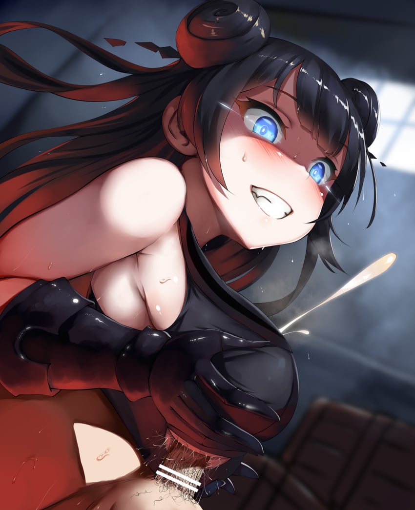 belko big_breasts big_penis black_hair blue_eyes breasts censored clothed_paizuri cum cum_through_clothes cum_through_clothing cumming cumshot elbow_gloves female gloves grin hair_bun holding_breast kantai_collection light_cruiser_oni lolicept male offscreen_male outercourse paizuri paizuri_under_clothes penis pubic_hair sports_bra straight sweating twin_buns