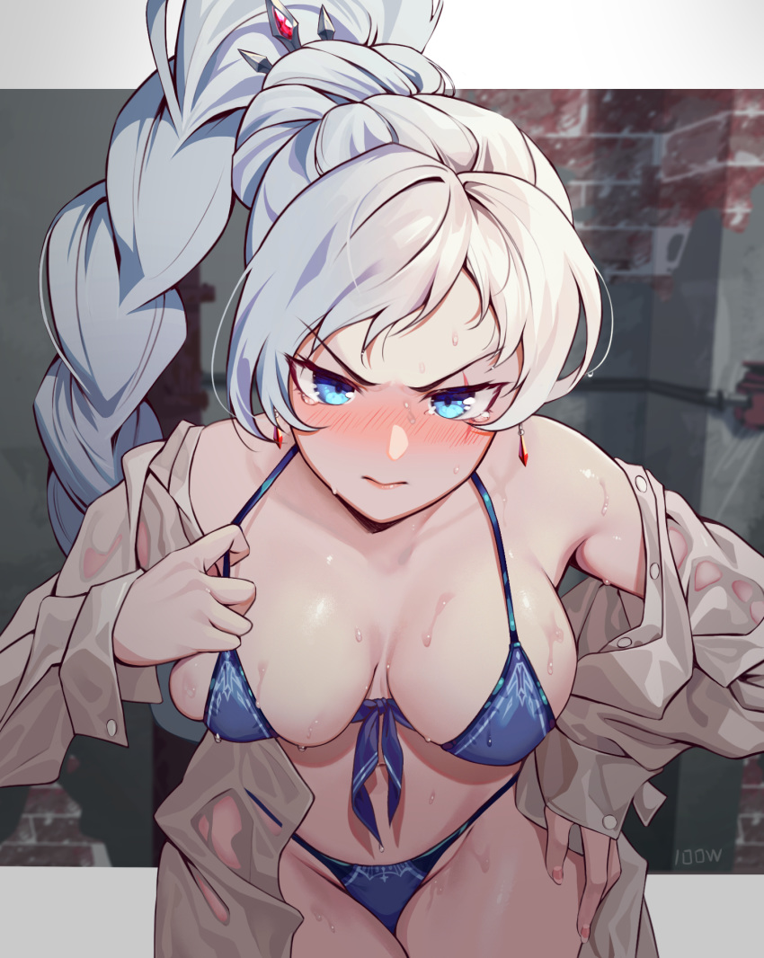 100wang 1girls angry bikini blue_eyes blush breasts earrings embarrassed female female_only large_breasts long_hair looking_at_viewer ponytail rwby scar solo solo_female swimsuit tagme tight_clothing underwear undressing wangxiii weiss_schnee wet wet_clothes wet_shirt white_hair