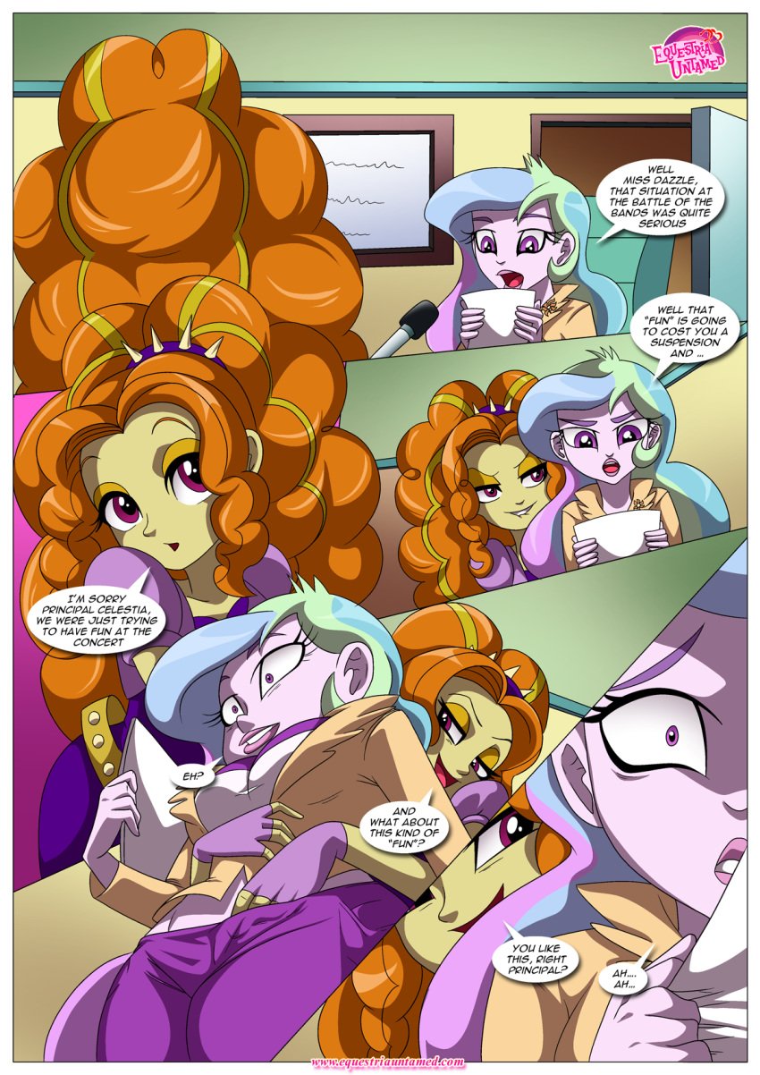 2girls adagio_dazzle comic equestria_girls equestria_untamed eyeshadow friendship_is_magic my_little_pony princess_celestia_(mlp) principal_celestia rainbow_rocks smooth_skin spiked_belt spiked_hairband tagme the_dazzlings_revenge yuri