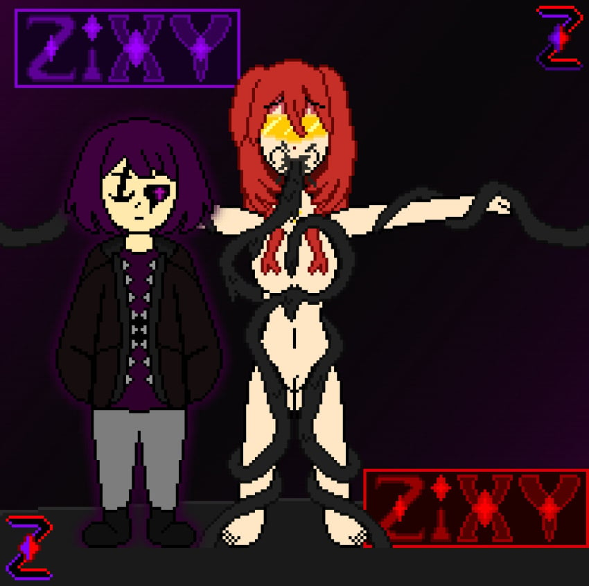 1boy1girl cmnf dark_zixy disgusted dripping_tentacles elia pixel_art tentacle tentacle_around_arm tentacle_around_body tentacle_around_breasts tentacle_between_breasts tentacle_in_mouth wet_tentacles zixy