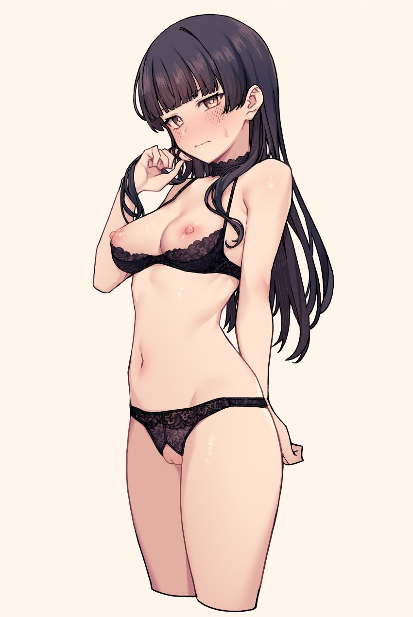 adjusting_hair black_bra black_hair black_panties blush bra_pull breasts_out brown_eyes embarrassed female_focus idolmaster idolmaster_shiny_colors jp06 long_hair looking_at_viewer mayuzumi_fuyuko medium_breasts pussy pussy_cutout shaved_pussy simple_background sweatdrop