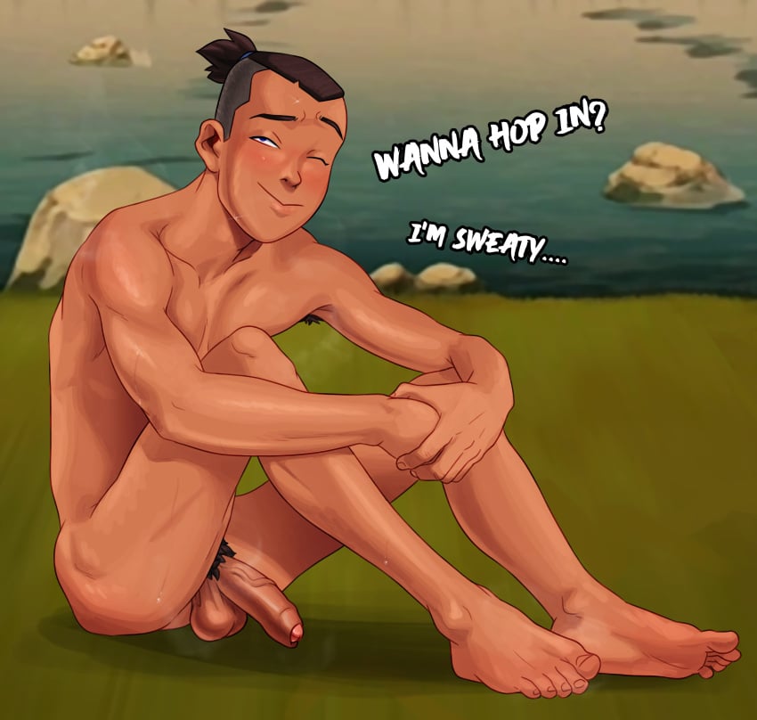 1boy avatar_legends avatar_the_last_airbender barefoot feet flaccid foreskin grass lake male male_focus male_only muscles nude outdoors penis sitting sokka solo spicehead sweat toned toned_male wet