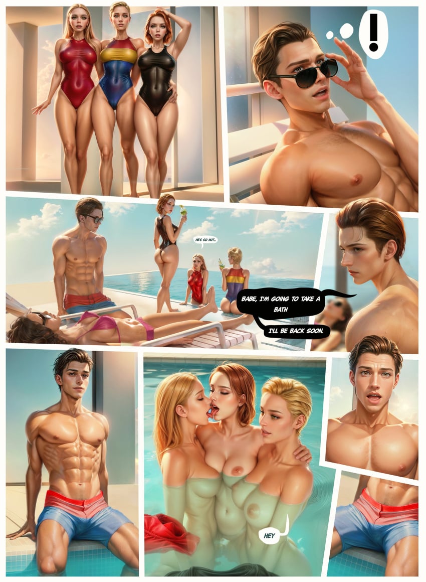 ai_generated artist_request avengers black_widow_(marvel) captain_marvel carol_danvers comic_page foursome marvel marvel_cinematic_universe michelle_jones natasha_romanoff peter_parker scarlet_witch spider-man swimming_pool zafitna