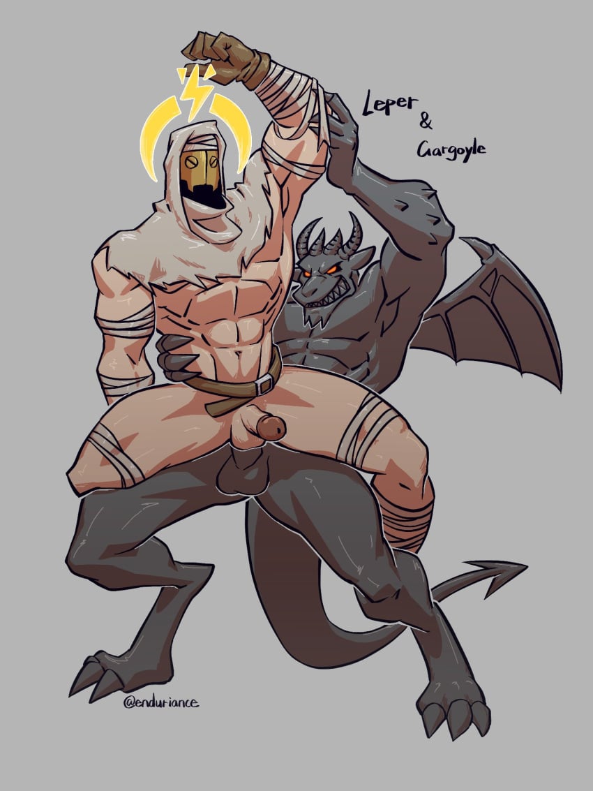 2022 2boys anal anal_sex anthro anthro_on_human bandage bara darkest_dungeon enduriance gargoyle gargoyle_(darkest_dungeon) gay gay_anal gay_sex gloves grey_background horns human_on_anthro leper_(darkest_dungeon) male male/male male_only male_penetrated masked masked_male monster monster_boy monster_cock monster_sex muscular muscular_anthro muscular_male nude nude_male penetrated penis sex signature six_pack standing standing_sex stone stone_body stunned tail wings