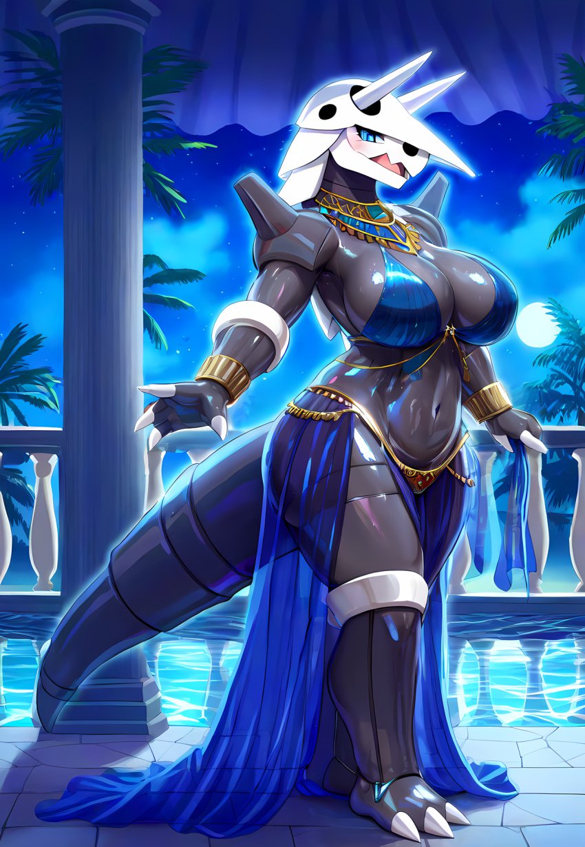 aggron ai_generated anthro anthro_only anthrofied barefoot big_breasts black_body blue_clothing breasts busty curvaceous curvy curvy_body curvy_female curvy_figure female female_anthro female_focus female_only full_body full_moon furry furry_female furry_only generation_3_pokemon harem_jewelry harem_outfit hips horn horns javvy large_breasts moon mostly_nude mostly_nude_female navel night nintendo oiled oiled_body oiled_skin open_mouth palace palm_tree pokémon_(species) pokemon pokemorph shiny_skin smile stable_diffusion standing tail thick_thighs thighs voluptuous voluptuous_female wide_hips