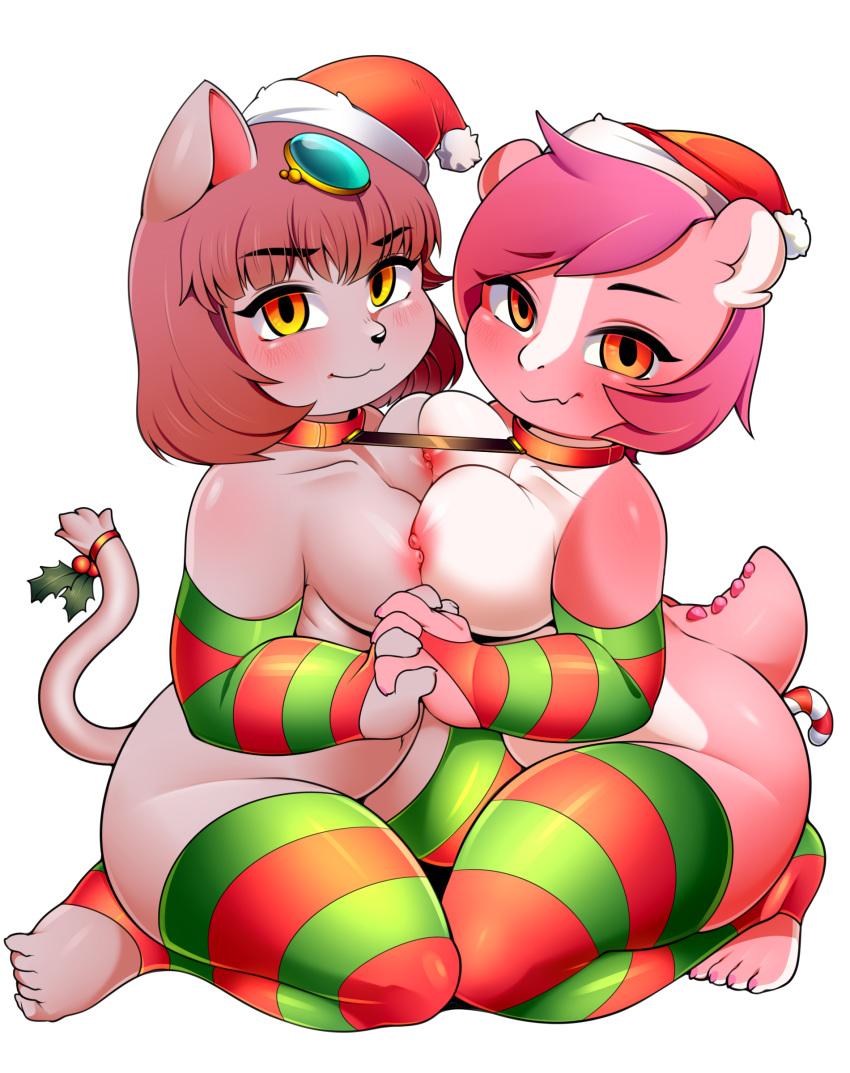 alpha_channel anal anal_sex bastet bedroom_eyes berseepon09 big_breasts black_nose blush breast_press breast_squish breasts breasts_frottage candy candy_cane candy_cane_dildo candy_cane_insertion christmas clothing collar cute dragon feline female food hair half-closed_eyes hand_holding hat holidays holly_(plant) legwear loli_dragon_(character) looking_at_viewer mammal nipples nipples_touching original penetration pink_hair pink_skin plant raised_tail red_eyes santa_hat scalie seductive shortstack simple_background smile stockings symmetrical_docking transparent_background yuri