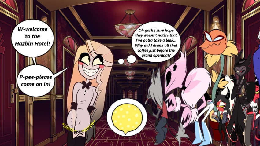 1girls big_belly bladder charlie_morningstar_(hazbin_hotel) edit female full_bladder hazbin_hotel holding_pee omorashi screencap screencap_edit smile speech_bubble standing sweat text urine vivienne_medrano vivziepop watersports yellow_hair