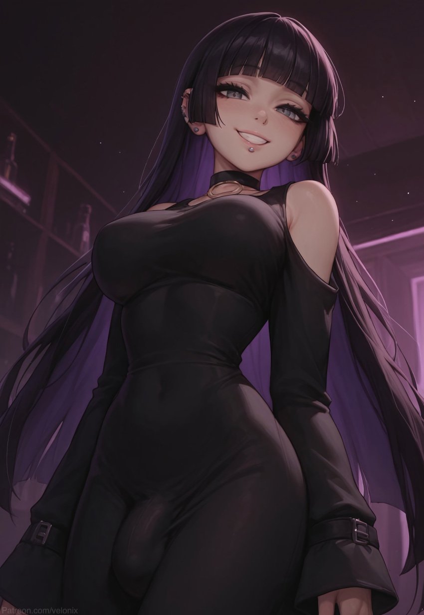 1futa 1futanari ai_generated bare_shoulders black_clothing black_dress black_hair bocchi_the_rock! breasts bulge bulge_through_clothing collar dress futanari gray_eyes long_sleeves makeup nightclub pa-san penis piercing purple_hair velonix