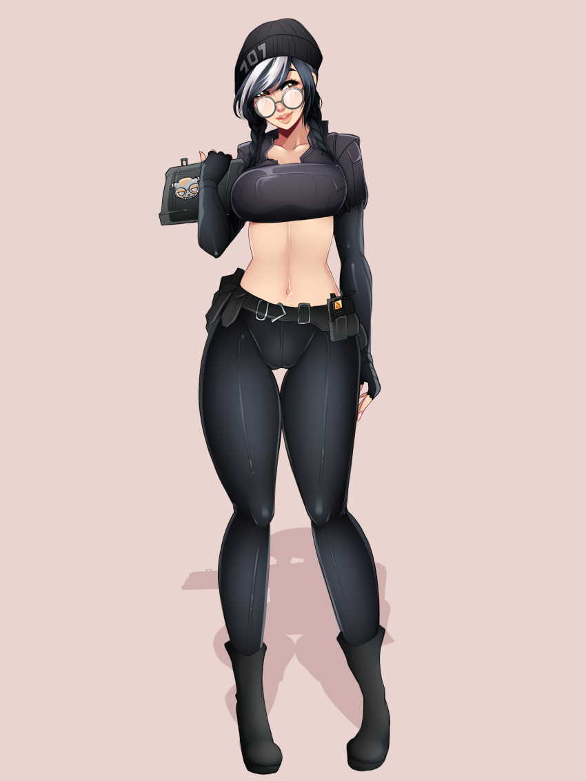 1girls asian beanie black_hair braided_hair braided_twintails clothed clothing dokkaebi_(rainbow_six) eyeshadow female female_only fringe glasses grey_eyes hat human jeans knees_together_feet_apart law-zilla medium_breasts mostly_clothed naughty_face pale_skin partially_clothed rainbow_six rainbow_six_siege seductive_eyes seductive_smile silver_eyes skinny slim smile solo tablet thigh_gap tight_clothing tom_clancy two_tone_hair weapon white_hair