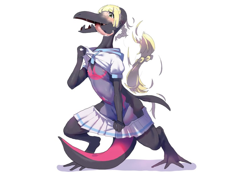 female fuka_(kantoku) hair_loss human_to_anthro human_to_pokemon lillie_(pokemon) pokemon pokemon_(species) salazzle species_transformation transformation