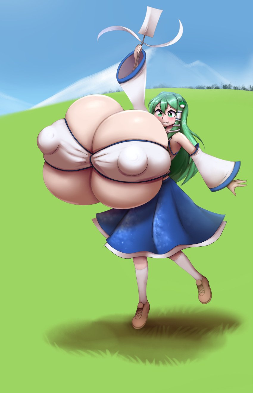 1girls blush breast_expansion breasts_bigger_than_head breasts_bigger_than_torso bursting_breasts enormous_breasts field field_background green_hair growing_breasts growth hyper hyper_breasts long_hair metachoke sanae_kochiya solo_female tagme touhou