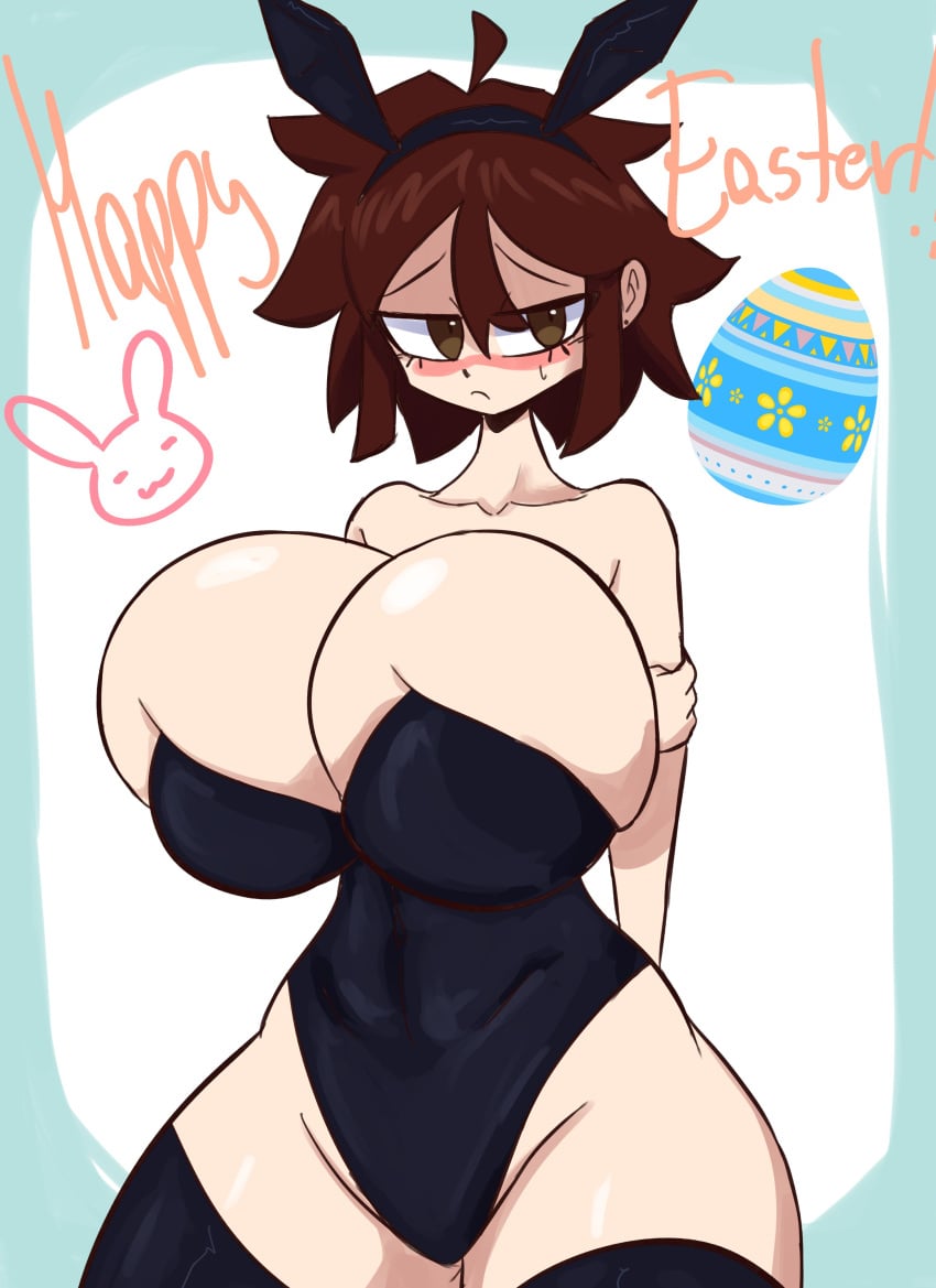 1girls alissa_(full_comfort) blush brown_eyes brown_hair bunny_ears bunny_girl bunnysuit easter embarrassed female female_focus full_comfort huge_breasts looking_at_viewer oc original_character short_brown_hair short_hair slim_waist solo solo_female solo_focus sweatdrop