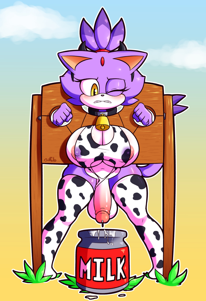 alternate_version_at_source alternate_version_available anthro bell biffalo big_breasts bikini blaze_the_cat cow_horns cow_print cowbell cum cum_as_food feline furry futa_only futanari milk milk_bottle penis penis_milking restrained sonic_(series) testicles