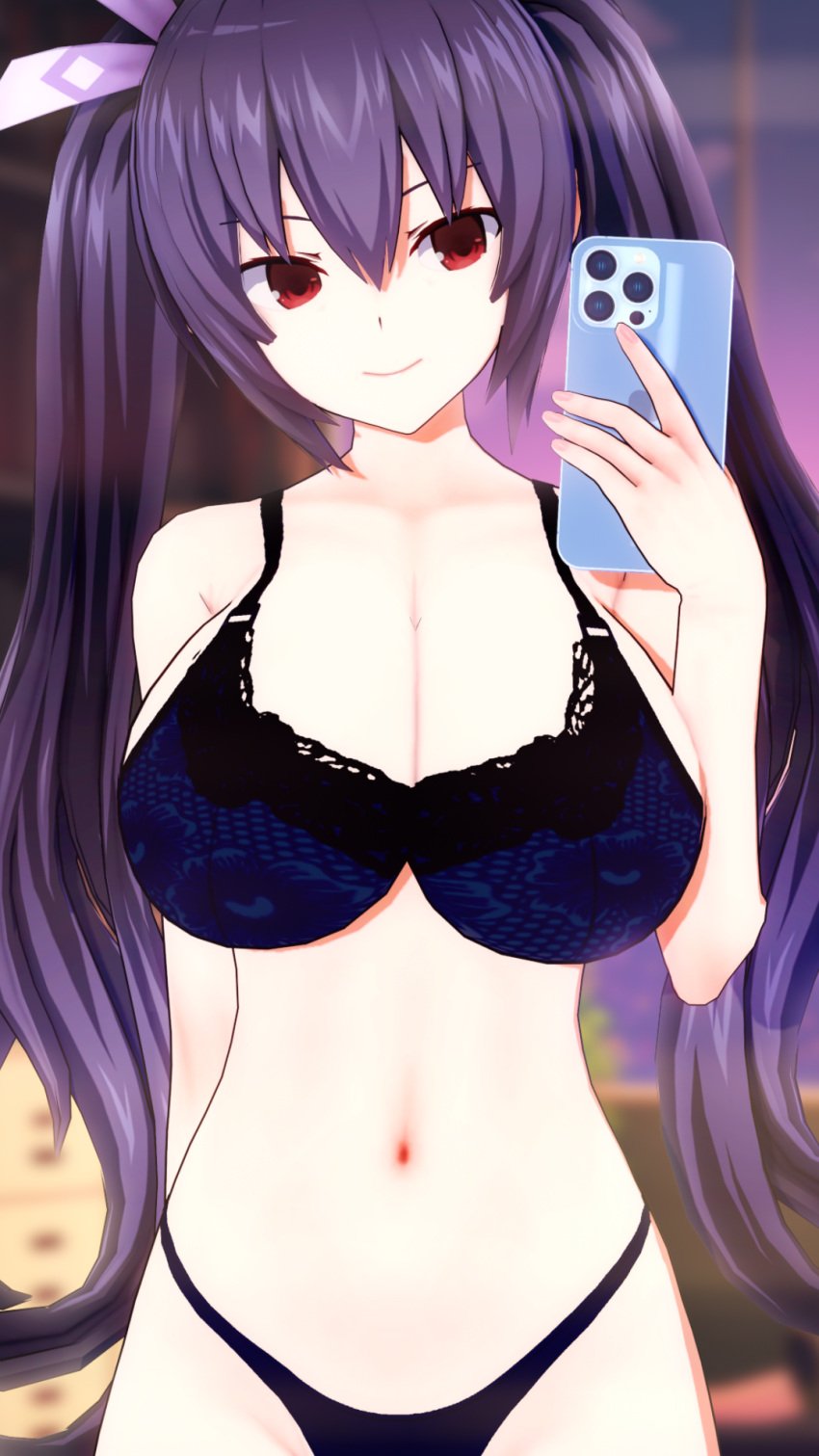 3d big_breasts blue_hair bra breasts cleavage hair_ribbon light_skin lingerie long_hair navel neptunia_(series) noire phone red_eyes selfie smile solo thong twintails