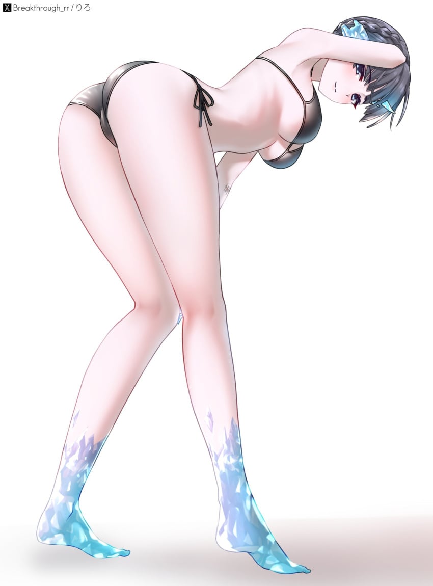 ass bent_over blue_eyes braid braided_hair breakthrough_rr breasts dark_hair female female_only ice ice_horns looking_at_viewer looking_back medium_breasts monolith_soft nimue_(xenoblade) nintendo no_background short_hair swimsuit two_piece_swimsuit xenoblade_(series) xenoblade_chronicles_3