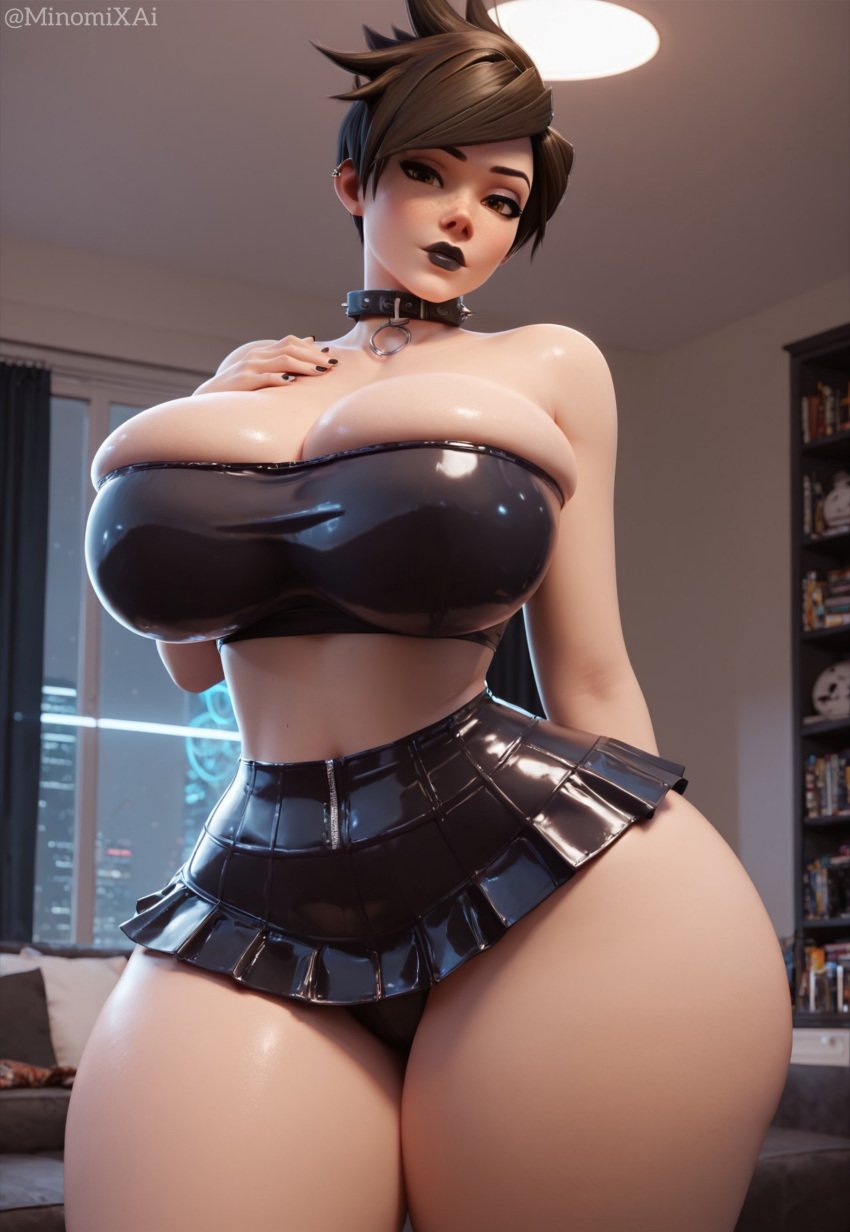 1girls ai_generated bare_shoulders bimbo breasts brown_eyes brown_hair cleavage clothed clothed_female collar curvy curvy_figure earrings goth goth_girl huge_breasts huge_thighs jewelry large_breasts latex latex_tubetop lena_oxton lips lipstick makeup miniskirt minomixai nail_polish overwatch parted_lips piercing shiny_clothes shiny_skin short_hair skin_tight skirt solo solo_focus thick_lips thick_thighs thighs tight_clothing tracer tube_top tubetop voluptuous voluptuous_female wide_hips