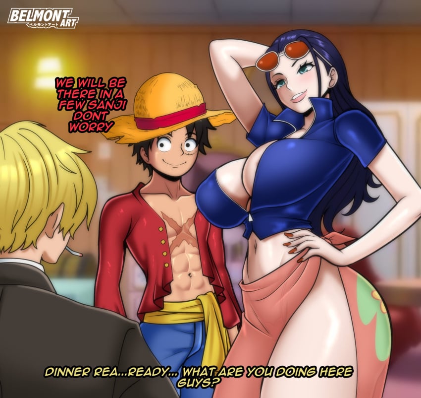 1girls 2boys abs bare_arms bare_legs bare_thighs belmont big_breasts black_hair blonde_hair blue_eyes blush color english_text female hat hi_res large_breasts light-skinned_female light_skin long_hair long_skirt looking_at_viewer male male/female monkey_d_luffy muscles muscular muscular_male nico_robin one_piece pool-skirt scar short_hair shounen_jump skirt sunglasses tagme text thick_thighs vinsmoke_sanji wholesome