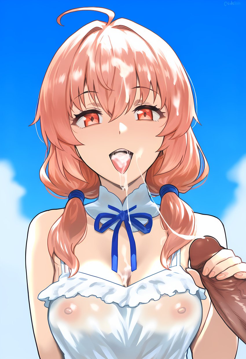 absurd_res ahoge ai_generated another_eden breasts cum_in_mouth cum_on_face handjob low_twintails medium_breasts nai_diffusion nipples nipples_visible_through_clothing nona_(another_eden) open_mouth pink_hair red_eyes see-through_clothing sex tongue_out twintails white_dress