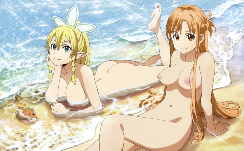 2girls alluring ass bare_legs beach big_breasts blonde_hair brown_eyes brown_hair completely_nude completely_nude_female convenient_censoring day edit green_eyes grey_eyes in_water leafa long_hair looking_at_viewer lying lying_on_stomach medium_breasts nipples nude outside sand sitting smile sword_art_online water yuuki_asuna