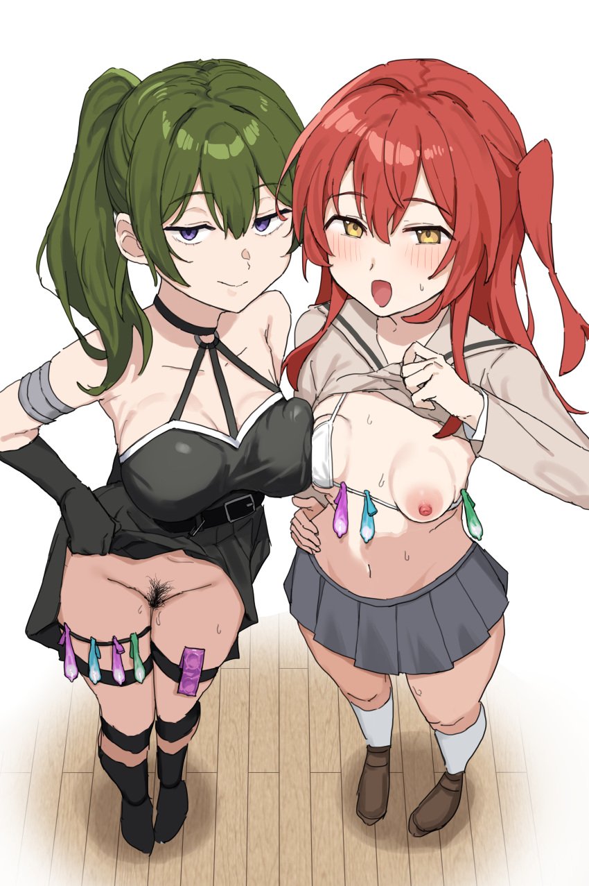 2girls :d absurdres black_choker blush bocchi_the_rock! bra bra_pull breasts choker clothes_lift clothes_pull commentary_request condom crossover dress dress_lift female_pubic_hair from_above full_body green_hair grey_skirt hasegawa_ikumi highres jitome kita_ikuyo large_breasts long_hair looking_at_viewer multiple_girls navel o-ring o-ring_choker one_side_up pleated_skirt pubic_hair purple_eyes red_hair school_uniform shirt_lift shuka_high_school_uniform side_ponytail skirt small_breasts smile sousou_no_frieren standing ubel_(sousou_no_frieren) underwear ura-_(gift_bit) used_condom voice_actor_connection