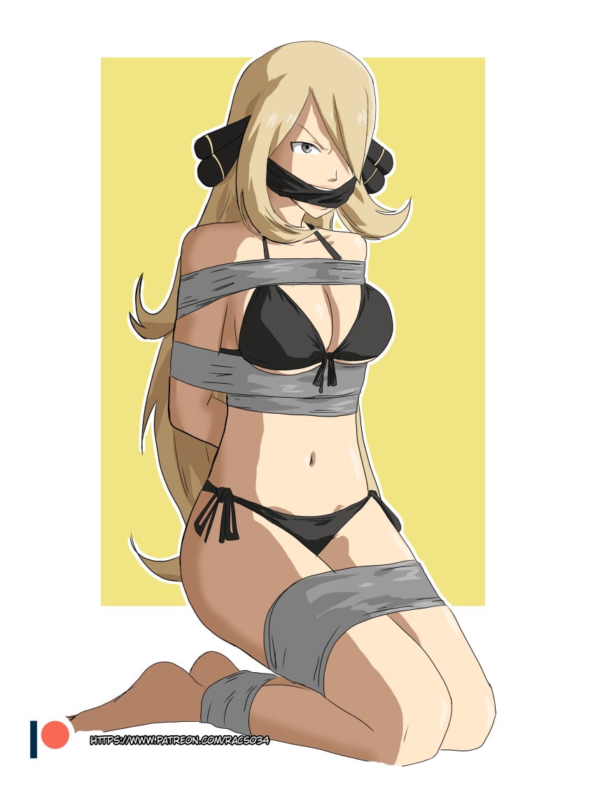 1girls 2d bikini bikini_bottom bikini_only bikini_top bondage cynthia_(pokemon) damsel_in_distress gagged human human_only light-skinned_female light_skin nintendo pokemon pokemon_dppt racso_art solo solo_female tied_up