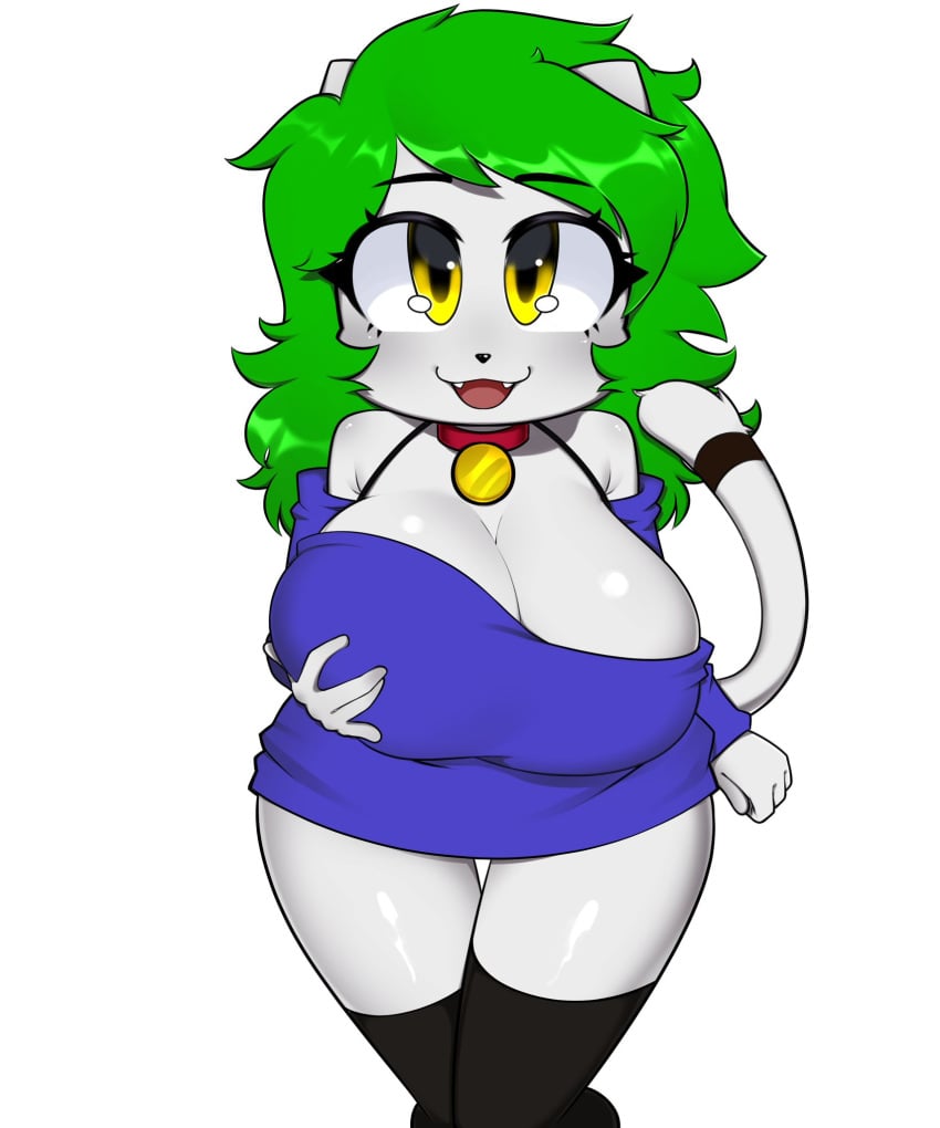 anthro cat_ears catgirl clothed clothing collar feline furry grabbing_own_breast green_hair huge_breasts mishythesheep oc original_character white_fur yellow_eyes