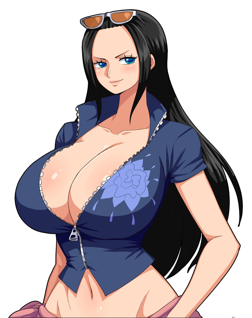 1girls big_breasts black_hair blue_eyes breasts eye_contact female female_focus female_only glasses glasses_on_head high_resolution huge_breasts long_hair looking_at_viewer nico_robin no_bra no_panties no_underwear one_piece revealing_clothes simmsy smile solo upper_body wide_hips