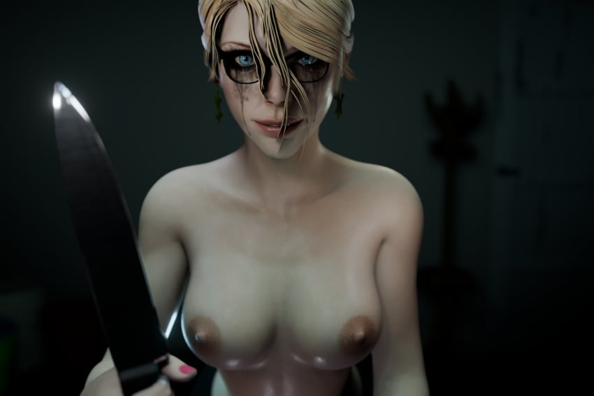 1girls 3d areolae bare_breasts batman_(series) blender blonde_hair crazy_eyes enigmaj female_focus female_only glasses harleen_quinzel_(arkham_origins) harley_quinn_(arkham) knife looking_at_viewer nipples nude_female pale_skin runny_makeup solo_female topless