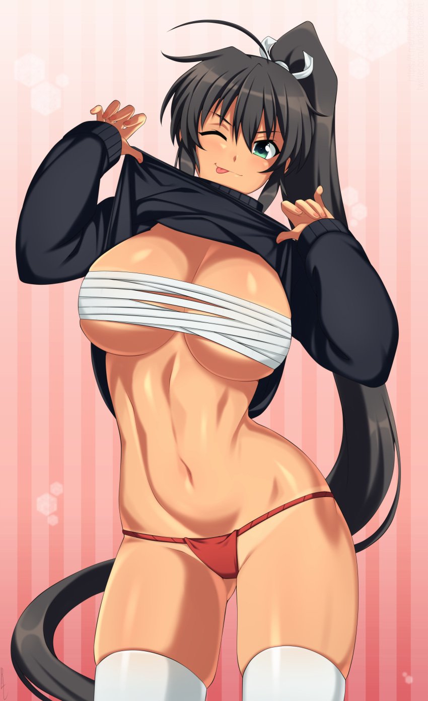 character_request copyright_request lindaroze panties sarashi stockings sweater sweater_lift tagme