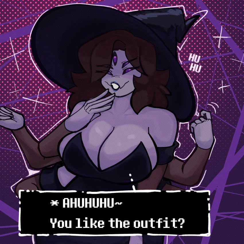 5_eyes big_breasts clothed clothing crowsdome english_text female laugh laughing milffet monster_girl muffet spider_girl spider_web undertale undertale_(series) witch witch_costume witch_hat