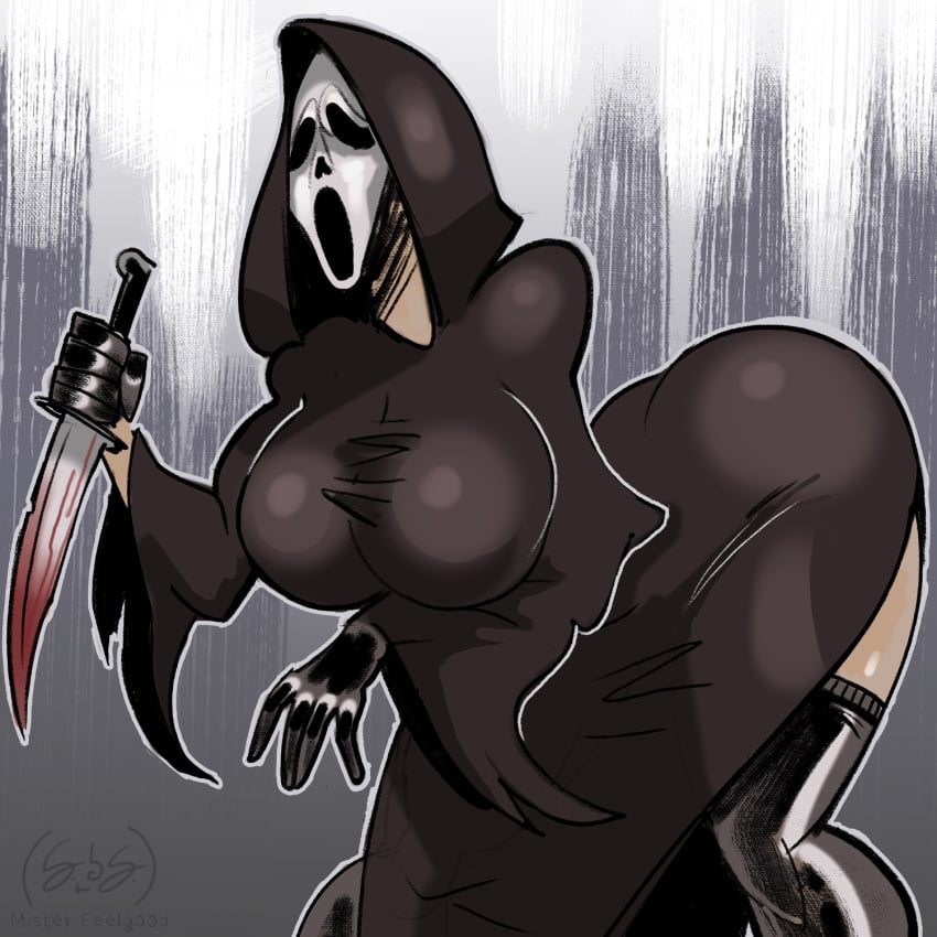 1girls big_ass big_breasts breasts curvy curvy_female dress dress_slit female female_only ghostface ghostface_(cosplay) ghostface_(scream) gloves hood hood_up horror_movie huge_ass huge_breasts knife large_breasts leather_gloves masked masked_female mister_feelgood patreon scream_(franchise) slasher stockings thick_thighs tight_clothing tight_fit tights voluptuous voluptuous_female wide_hips