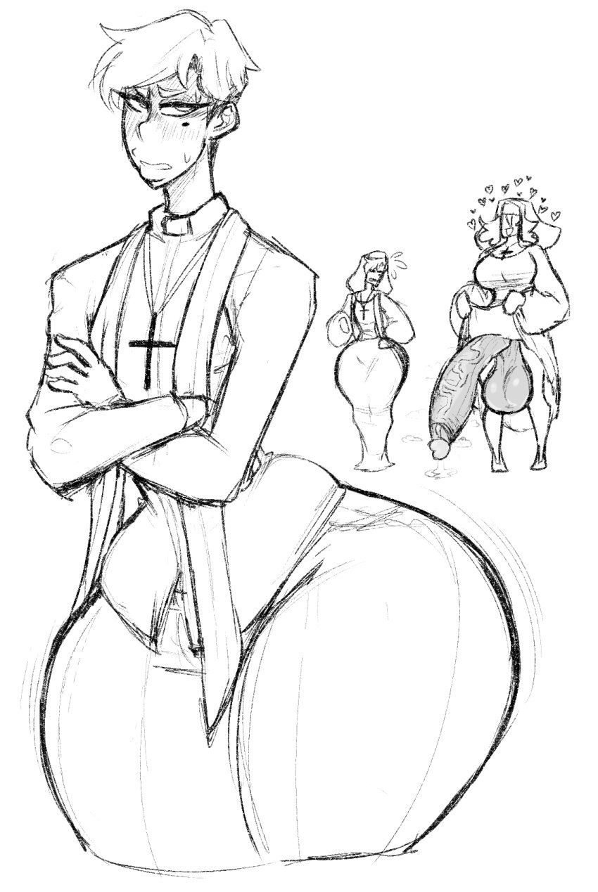 big_ass big_ass_(male) cross femboy hyper_ass kentayuki male_focus monochrome priest sketch thick_thighs wide_hips