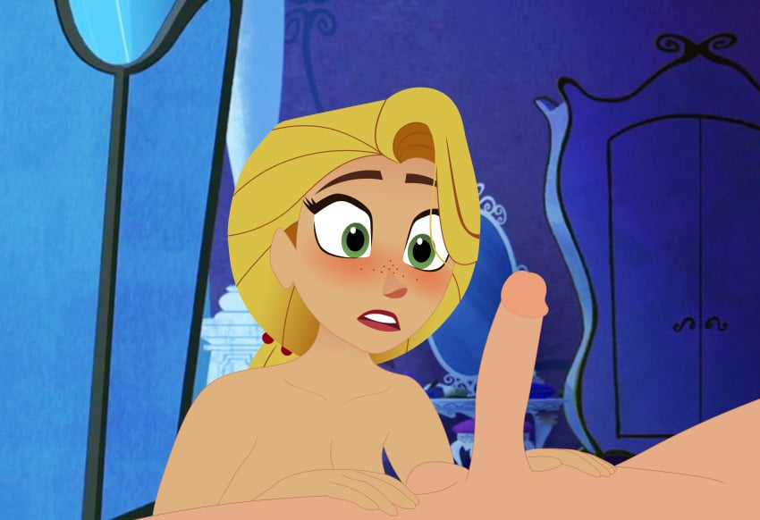 1boy 1girls accurate_art_style blonde_hair canon_couple disney disney_channel disney_princess erection eugene_fitzherbert female green_eyes long_hair male mehefin013 nude rapunzel tangled tangled:_the_series worried_expression