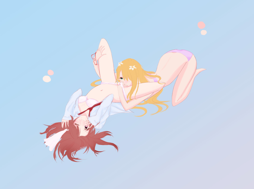 2girls blonde_hair blue_background blush bra breasts brown_hair cunnilingus flower glasses green_eyes hair_flower hair_ornament hair_ribbon long_hair multiple_girls one_eye_closed open_mouth panties pia_(pixiv21309806) pink_bra pink_panties purple_eyes ribbon sakura_trick sex simple_background small_breasts sonoda_mitsuki takayama_haruka top-down_bottom-up underwear white_bra white_panties yuri